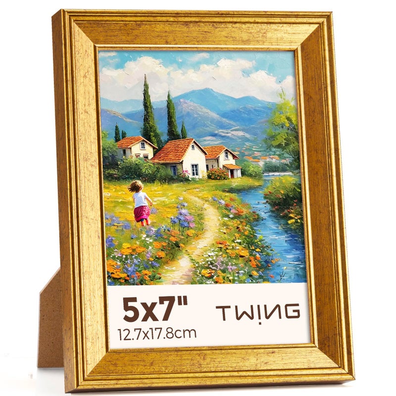 TWING 5x7 Picture Frame,Display Pictures 4x6 with Mat or 5x7 Without Mat,Ornate Picture Frames for Wall Mounting or Table Display,Rustic Gold,1 Pack - Image 1